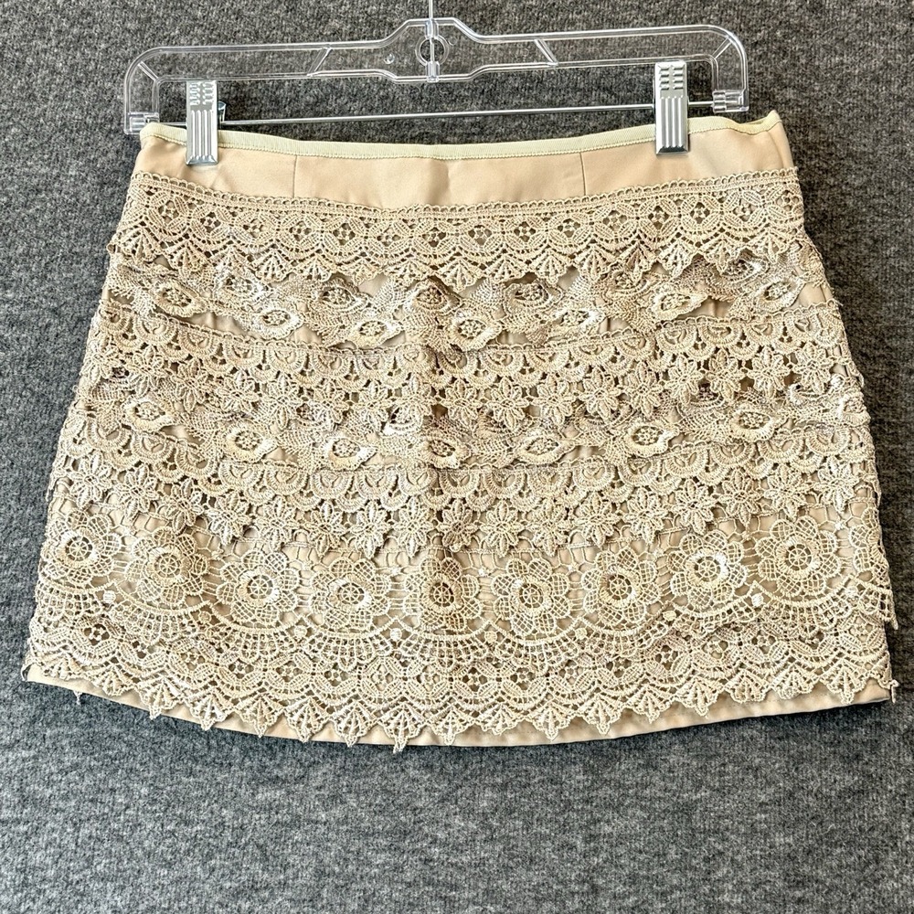 San Souci Mini Skirt Women Sz Small Beige Festival Boho Crochet Lace Knit Lined